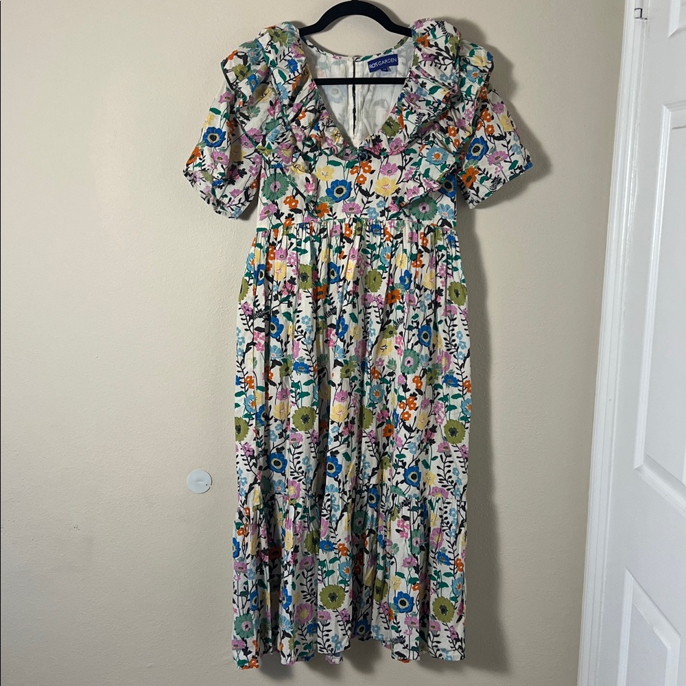 Ro’s Garden Visha Floral Multicolor Ruffle MIdi Dress Size XS